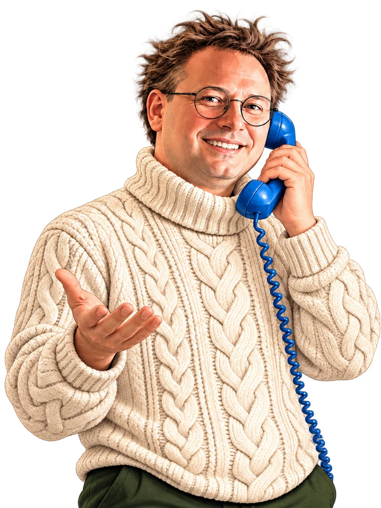 Alexander Koval smiling with a blue retro telephone