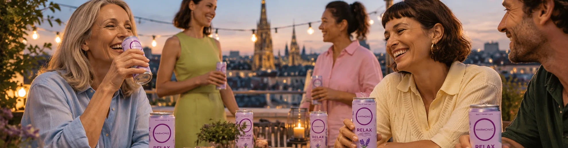 Friends of different ages sharing HARMONIQ RELAX on a Vienna rooftop terrace
